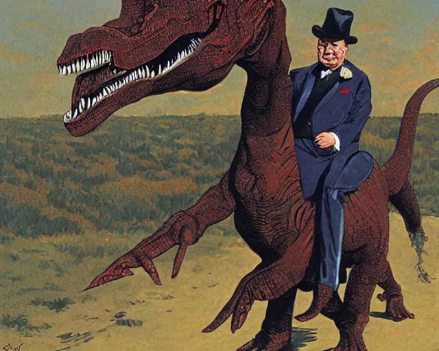 Prompt: Winston Churchill riding a T-Rex, painting by Jean Giraud