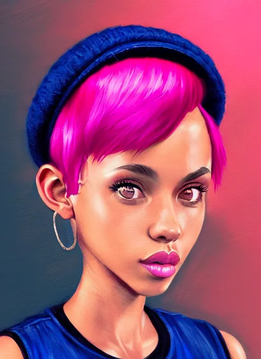 Image similar to portrait of teenage vanessa morgan with bright pink hair, black girl, curly pixie cut hair, wearing newsboy cap, pink short haircut, newsboy cap, hoop earrings, blue eyes, intricate, elegant, glowing lights, highly detailed, digital painting, artstation, concept art, smooth, sharp focus, illustration, art by wlop, mars ravelo and greg rutkowski