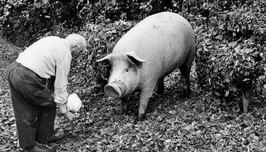 Image similar to An old english man next to a pig collects truffles from the ground, the ground is covered in leaves, black and white photograph