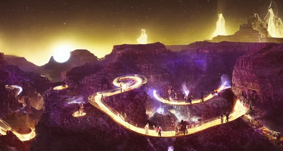 Image similar to miniature installation, macro photography, night, a lot of people and a spiral - shaped white luminous attractor is floating in grand canyon, concept art, art for the game, professional lighting, art