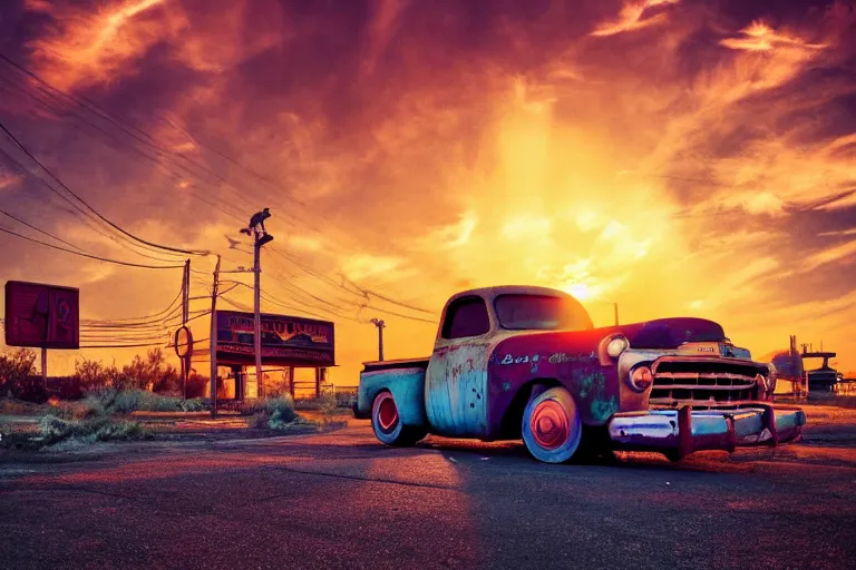 Image similar to a sunset light landscape with historical route 6 6, lots of sparkling details and sun ray ’ s, blinding backlight, smoke, volumetric lighting, colorful, octane, 3 5 mm, abandoned gas station, old rusty pickup - truck, beautiful epic colored reflections, very colorful heavenly, softlight