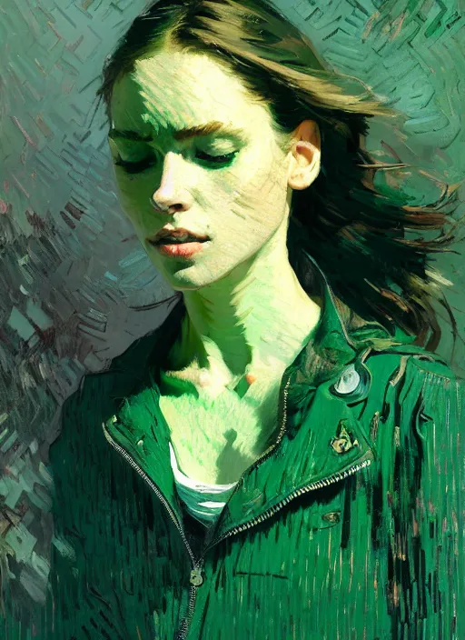 Image similar to portrait of a beautiful girl, eyes closed, open mouth, shades of green, beautiful face, rule of thirds, intricate outfit, spotlight, by greg rutkowski, by jeremy mann, by francoise nielly, by van gogh, digital painting