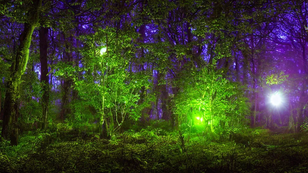 Image similar to lush alien forest at night, glowing flowers, orbs of light spread through the forest