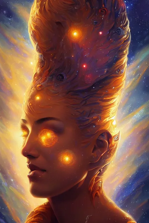 Prompt: beautiful oil painting with high detail of a wise space ent made of stars and plasma, by rafael grassetti ; by artgerm ; wayne reynolds art station ; cinematic quality character render ; low angle ; ultra high quality model ; production quality cinema model ;