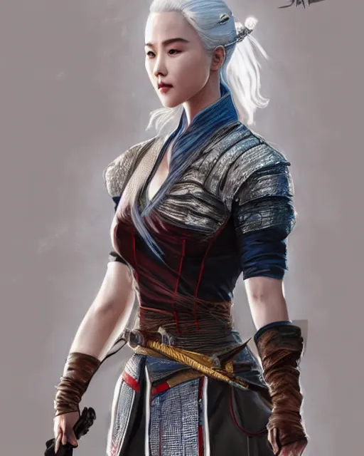 Image similar to Zhang Ziyi as Ciri from Witcher 3 by Artgerm and Greg Rutkowski, wearing haute couture by schiaparelli, sharp focus, sun rays, intricate, elegant, highly detailed, digital painting, masterpiece.