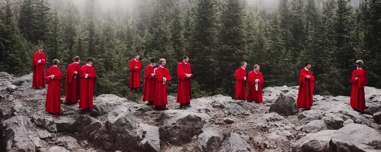 Image similar to a group of priests standing around a forbidden bright red pool on top of a mountain, nighttime, canon 5 0 mm, cinematic lighting, photography, retro, film, kodachrome