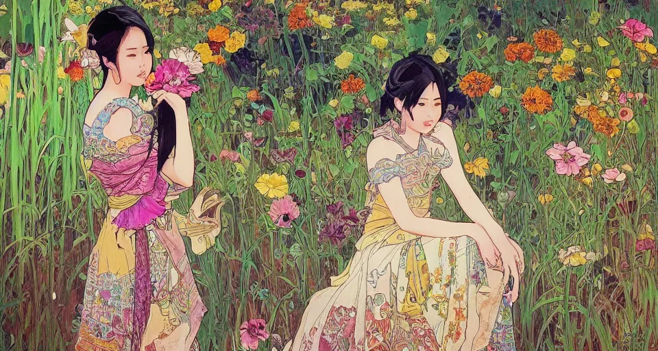 Image similar to oil painting, long shot, beautiful floralpunk thai girl illustration walking in a park, detailed patterns art of thai traditional dress, flower pop art, floral splash painting, art by ashley wood, alphonse mucha, makoto shinkai, geof darrow, dark shadow