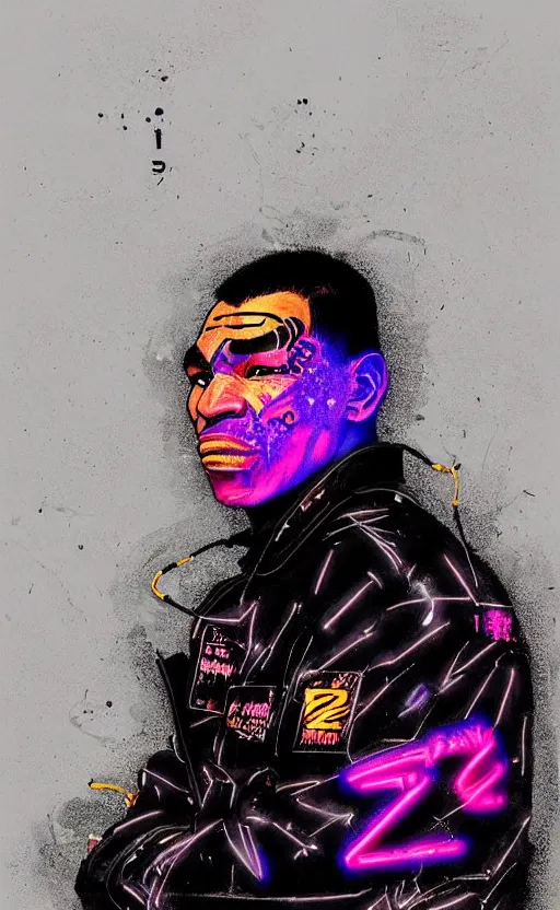 Prompt: detailed portrait Mike Tyson Neon Operator, cyberpunk futuristic neon, reflective puffy coat, decorated with traditional Japanese ornaments by Ismail inceoglu dragan bibin hans thoma !dream detailed portrait Neon Operator Girl, cyberpunk futuristic neon, reflective puffy coat, decorated with traditional Japanese ornaments by Ismail inceoglu dragan bibin hans thoma greg rutkowski Alexandros Pyromallis Nekro Rene Maritte Illustrated, Perfect face, fine details, realistic shaded, fine-face, pretty face