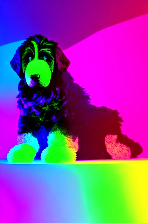 Image similar to a cute bernedoodle puppy sitting in gaming chair + neon rgb light strips, large computer monitor, mountains in background, vaporwave, dramatic, confident, rule of thirds, 4 k, award winning, octane render, volumetric lighting