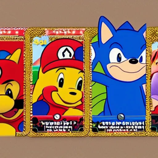 Image similar to photograph of winnie the pooh and super mario and sonic the hedgehog anime style, on pokemon card packs at target