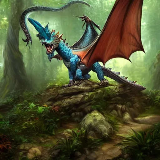 Prompt: a pet dragon hiking through the forest, trending on artstation, realistic, detailed, by Tony Sart