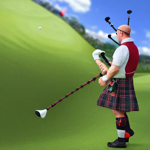 Image similar to realistic hornet playing bagpipes, golf course, realistic, hyper real, detailed,