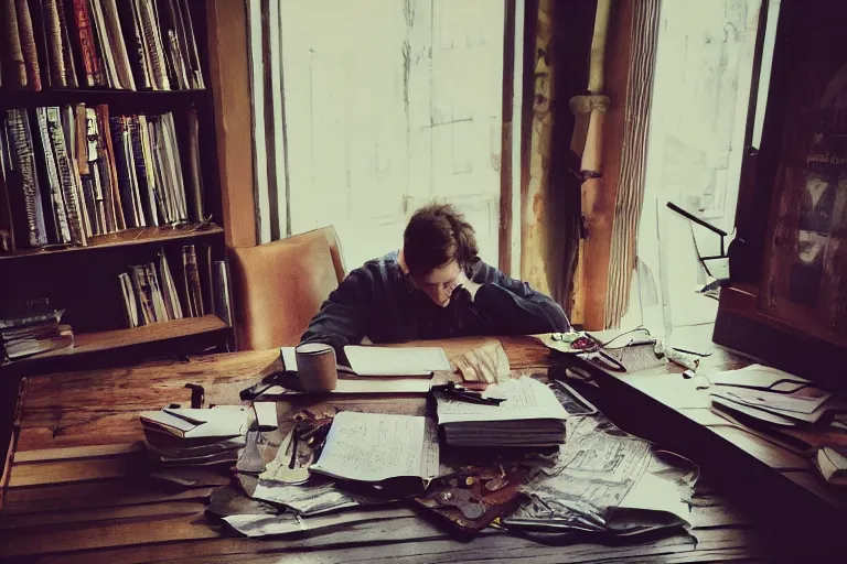 Prompt: writer struggling, embracing head in own hands, cozy environment, intricate composition, wide lens, 1 7 mm, front angle, bookshelves on background, front view, papers on table, colorful, night lighting, dark room, tiny source of lighting, cozy lighting, table lamp, dramatic expression, warm colors, cinematic composition, lighting by rembrandt, chaos on table