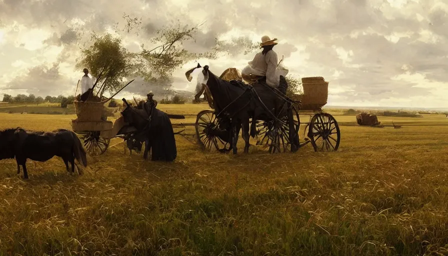 Image similar to simple amish farmers shocking hay in open fields, art by anders zorn, wonderful masterpiece by greg rutkowski, beautiful cinematic light, american romanticism thomas lawrence, greg rutkowski