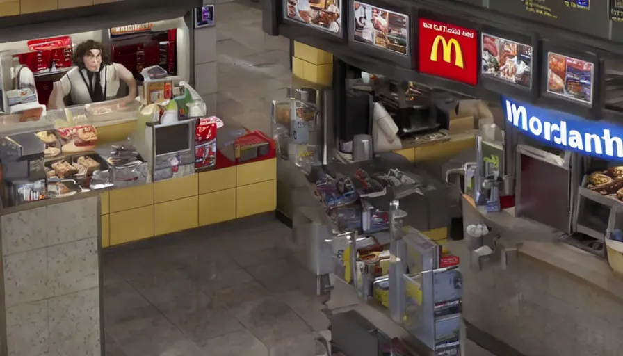 Image similar to film still of frodo working at mcdonalds in the new batman movie, cnn news footage taken from above.