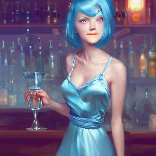 Image similar to a smiling happy beautiful barmaid with short blue hair wearing a satin red dress in a rustic saloon, beautiful blue eyes, fantasy, intricate and very beautiful and elegant, highly detailed, digital painting, artstation, concept art, smooth and sharp focus, illustration, art by peter mohrbacher and tan zi and artgerm