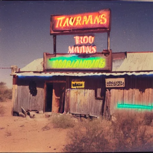 Image similar to old polaroids of taverns in northern namibia with neon signage