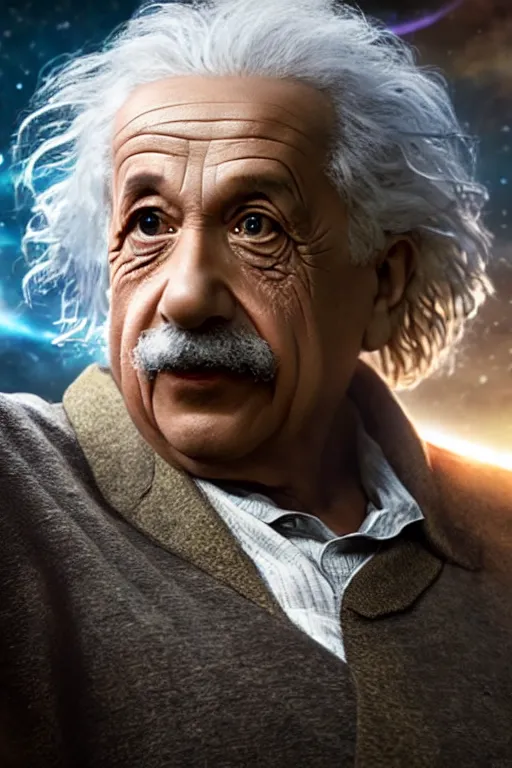 Prompt: A still of Albert Einstein as Thanos in Avengers Endgame, close-up, sigma male, rule of thirds, award winning photo, unreal engine, studio lighting, highly detailed features, interstellar space setting