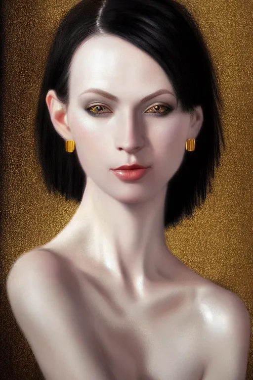 Image similar to Portrait of a beautiful pale skin Nordic female with short black hair, elegant, photorealistic, highly detailed, artstation, smooth, sharp focus, gold ornaments, neon lighting, sci-fi, art by Klimt.