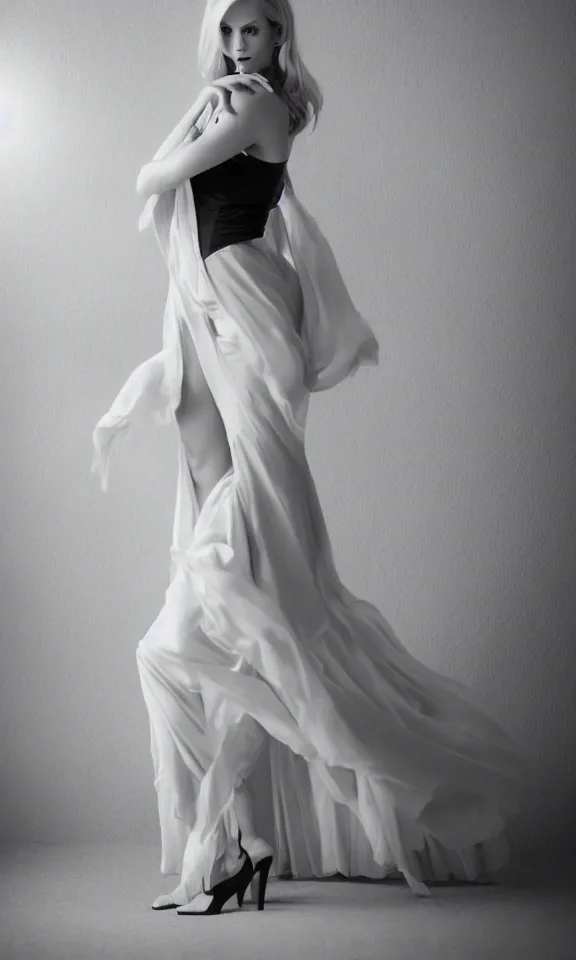Image similar to photo of gorgeous seductive tall emily skinner cosplaying annie leonhart wearing elegant white dress, wearing open toe heels, in a white room, beautiful face, pale skin, rule of thirds, cinematic lighting, sharp focus, backlit, stunning, smooth, hard focus, full body shot, studio photo, shot on sony a 7 iii