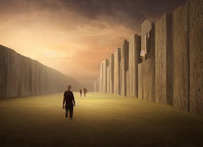 Prompt: a man walking in the middle of two giant walls at sunset, dreamy, matte painting, fancy lighting, complementary colours, high quality, highly detailed, godrays, calm, relaxing, beautiful landscape, serene landscape, low contrast, concept art, trending on DeviantArt
