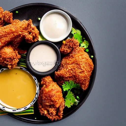 Image similar to large plate of delicious greasy fried chicken, with a side of dipping sauces, realistic advertising photography, 4K resolution, spot lighting