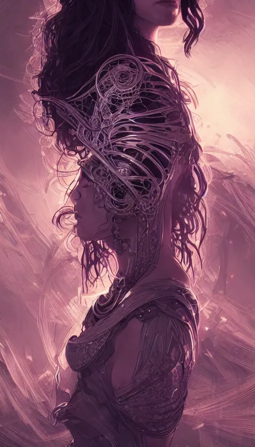 Image similar to string character, furious gorgeous woman, lord of the rings, cyberpunk, neon, fibonacci, sweat drops, insane, intricate, highly detailed, digital painting, artstation, concept art, smooth, sharp focus, illustration, Unreal Engine 5, 8K, art by artgerm and greg rutkowski and alphonse mucha