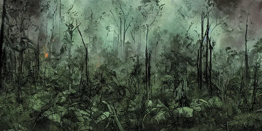 Prompt: amazon forest burning, apocalyptic, very detailed, wide - angle lens, digital art by bill sienkiewicz.