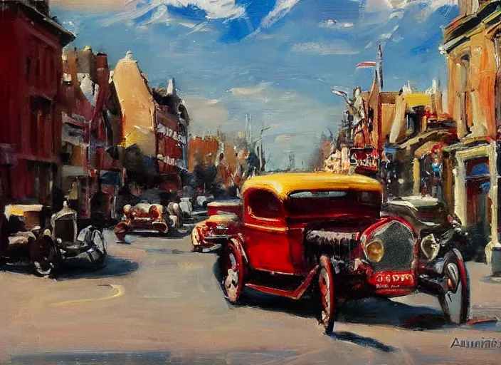 Prompt: hotrods driving down a street , vintage, highly detailed, by Antoine blanchard