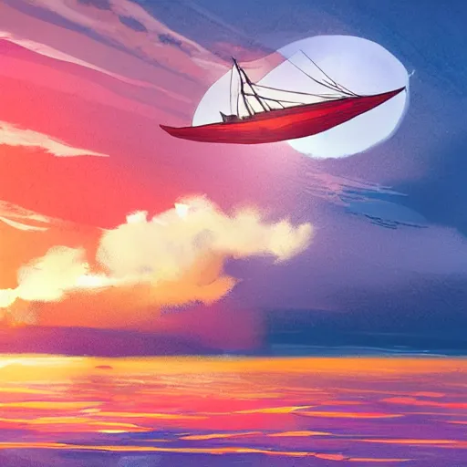 Image similar to a small sailboat flying through the sky, fluffy clouds, red-pink sunset, floating, fantasy, concept art, illustration, artstation award, bright