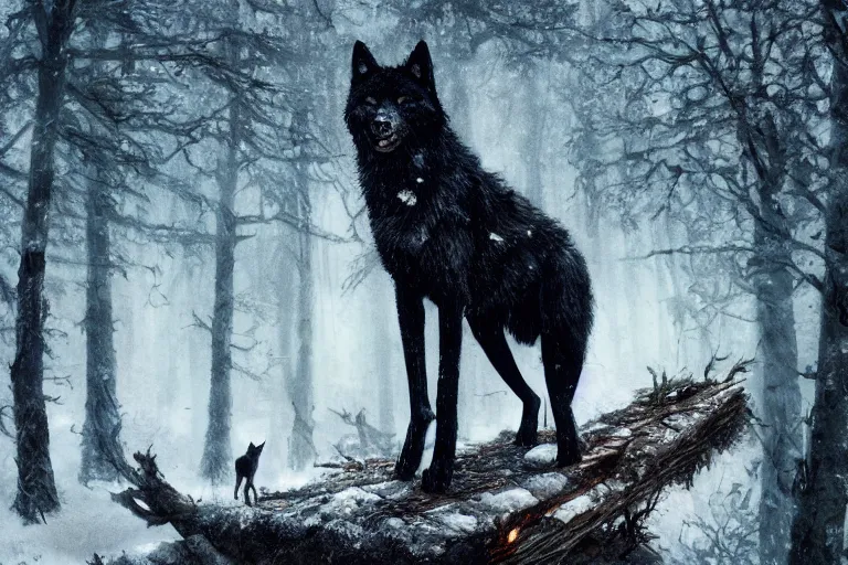 Prompt: a black wolf, standing on top of a fallen tree, winter forest, fantasy, greg rutkowski, cinematic, extremely detailed