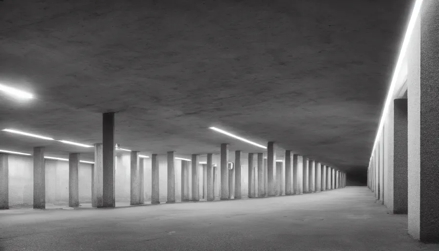 Image similar to brutalism, underground city carpark, lighting with lensflares, photorealistic 8 k