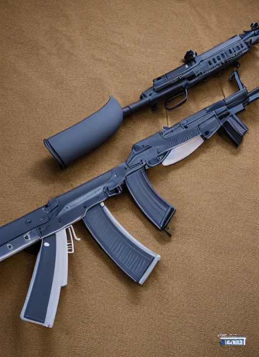 Prompt: hyperrealistic and heavy detailed product photo of ak - 7 4, in front rifle of white back drop, whole is in picture, vivid color, high quality, high textured, real life