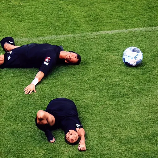 Prompt: ronaldo in a game laying down because he's tired and his teammates are angry at him