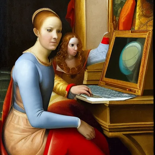 Image similar to Renaissance painting of a royal female cosmonaut using a computer