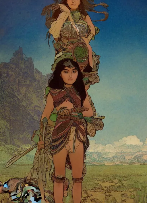 Image similar to a little warrior girl standing on top of one giant turtle walking in the desert. the girl has dark skin and beautiful green eyes, realistic full body and a very beautiful detailed symmetrical face with long black hair. diffuse light, dramatic sky and landscape, long shot fantasy illustration by mucha