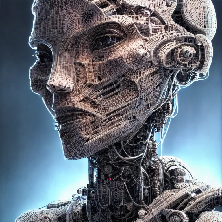 Image similar to hyperrealistic mixed media portrait of the robotic face of god, stunning 3d render inspired art by P. Craig Russell and Barry Windsor-Smith + perfect facial symmetry + dim volumetric lighting, 8k octane beautifully detailed render, post-processing, extremely hyperdetailed, intricate futuristic mechanic parts, epic composition, grim yet sparkling atmosphere, cinematic lighting + masterpiece, trending on artstation