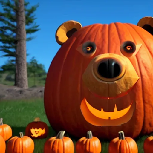 Image similar to a cute smiling bear made out of pumpkins, unreal engine