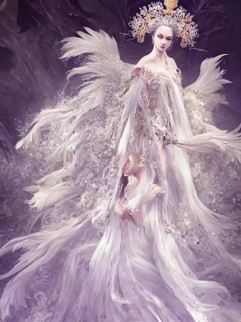 Prompt: ((A beautiful fantasy empress)), highly detailed full body, beautiful eyes, detailed intricate white flower tiara, feathers, (silk gown), ((wearing aristocrat robe)), highly detailed figure, fractal crystal, epic composition, ultra wide-shot, dynamic pose, concept art, beautifully lit, digital painting, smooth, desaturated color theme, character design, sharp focus, elegant, intricate, post processing, artstation, by WLOP, James Jean, Victo Ngai, ryohei hase