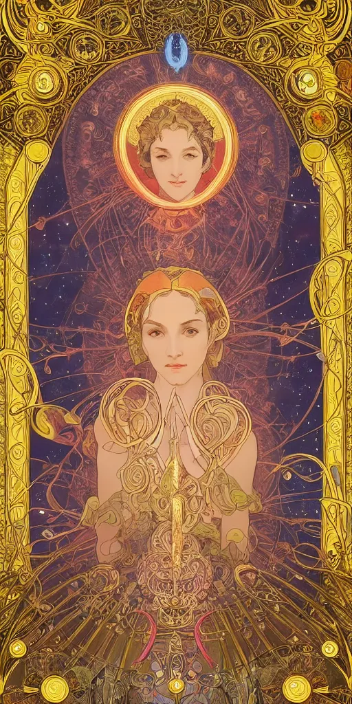 Prompt: astrologer's prayer, mythology, guardian of the stars, unreal engine 5, art nouveau, bright colors, intense colors, intricate, symmetry, high detail of the face, elegance, sunshine, clear focus, art of alphonse maria mucha, art workstation