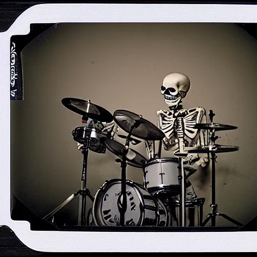 Image similar to skeleton drummer, flash polaroid photo,