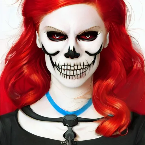 Image similar to cute & beautiful smug smiling undead skeleton girl with very attractive face and red hair dressed as a retrofuturist police officer, elegant, digital art, fullbody painting, fantasy, pixar style, painting, pin up, highly detailed, artstation, art by artgerm, vrubel, greg rutkowski, ilya kuvshinov, raymond swanland