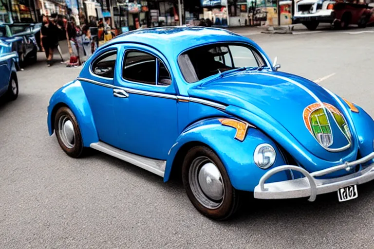 Image similar to a blue beetle car, with burgers for wheel rims