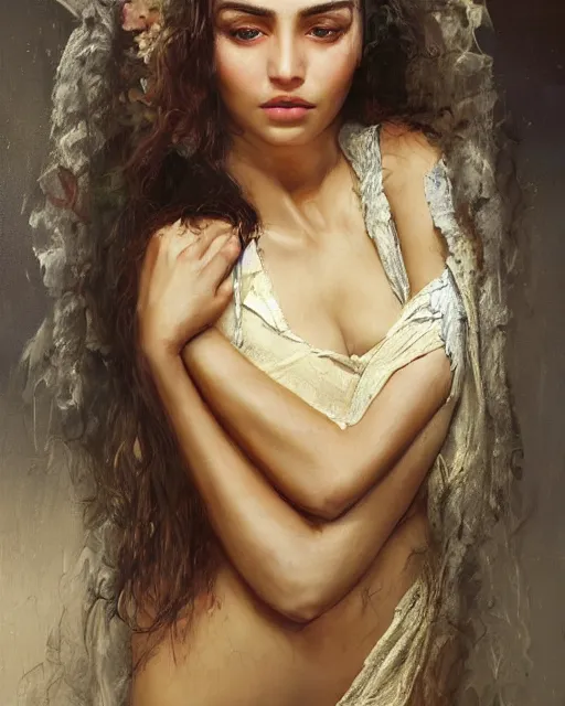 Image similar to a highly realistic, true to life portrait of a beautiful young middle eastern girl, soft focus, from the waist up, with sharp features, a beautiful face, soft smile, under studio lighting, taken with a canon eos camera with 1 3 5 mm focal length, art by karol bak, james jean, tom bagshaw, trending on artstation,