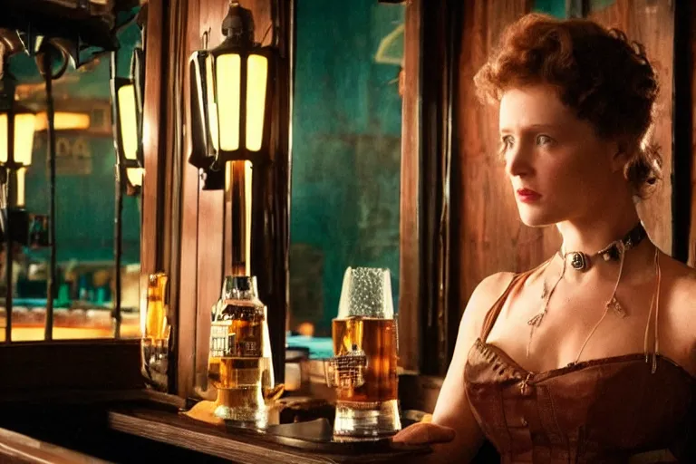 Image similar to cinematography of a beautiful cyborg woman in a vintage western bar alone asking for a drink by Roger Deakins