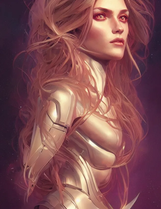 Image similar to futuristic woman portrait, sci-fi, amber eyes, face, long hair, fantasy, intricate, elegant, highly detailed, digital painting, artstation, concept art, smooth, sharp focus, illustration, art by artgerm and greg rutkowski and alphonse mucha