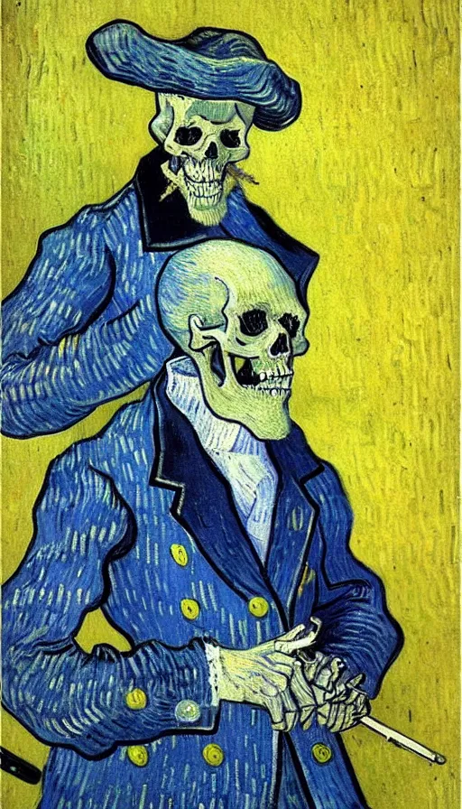 Image similar to 4k detailed painting by Van Gogh of a skeleton sailor (skeleton dressed like 19th century sailor in heavy wool coat, loose tie, shirt, and crooked crumpled hat, smoking cigarette), white and blue skeleton on a yellow background