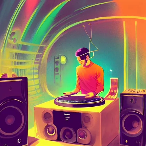 Image similar to a dj creating disco music in an underground lab, surrounded by large retro speakers, digital painting, artstation, ristan eaton, victo ngai, artgerm, rhads, ross draws, anime styled, hd, 4 k