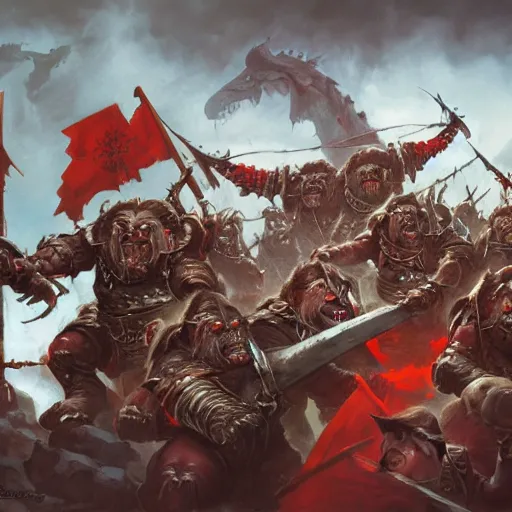 Prompt: Orcs from Warhammer Fantasy with USSR flags are charging by Greg Rutkowski