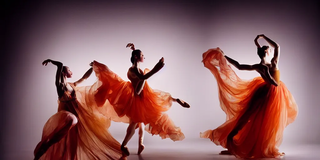 Image similar to realistic photography of dancers with long gorgeous clothes , renaissance epic scene . Fluidity, elegance, beauty, colorful smoke in the stage. high details. by CHRISTY LEE ROGERS